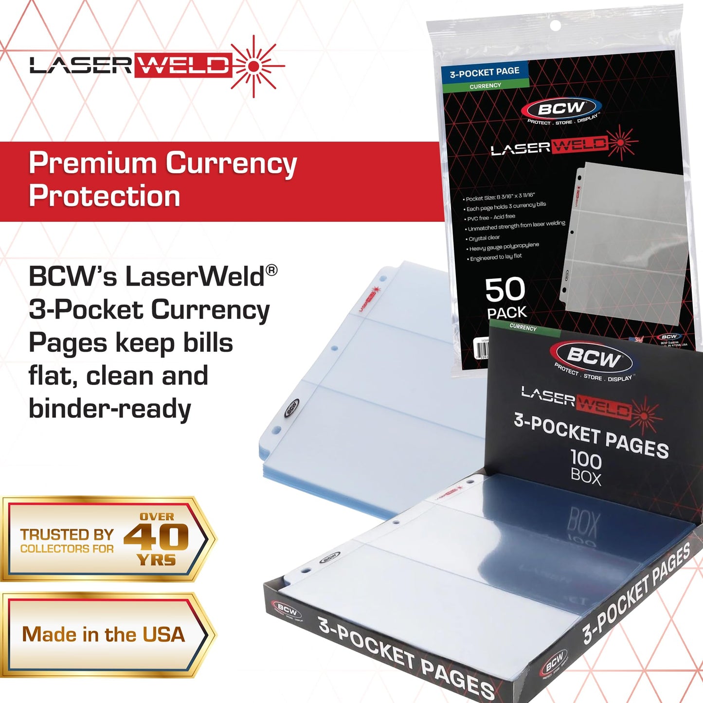 BCW LaserWeld 4-Pocket Currency Page - 50ct | Holds 4 Regular Bills with Label Pocket | Acid-Free Polypropylene | Top Loading, Laser-Welded Pages |
