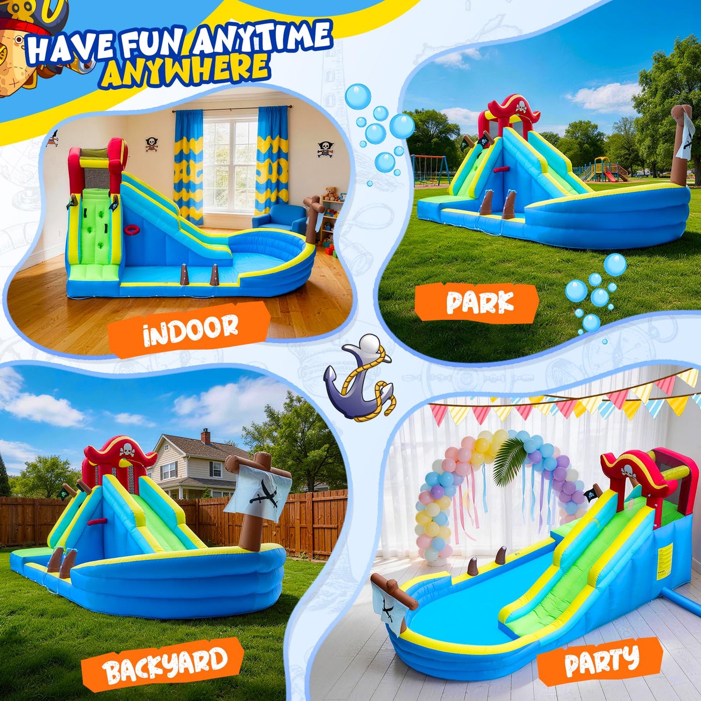 Inflatable Water Slide for Kids, 6 in 1 Inflatable Water Park with Blower, Climbing Wall, Water Gun, Splash Pool, Basketball Hoop, Blow Up Water Slide