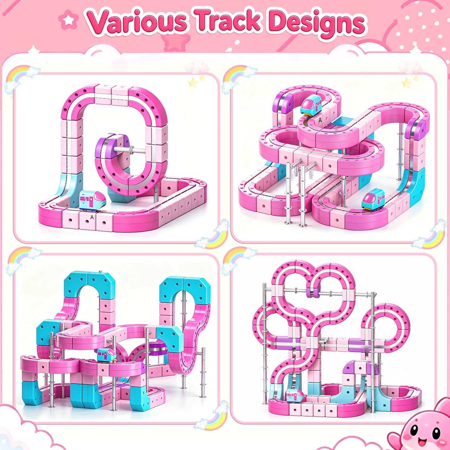 Lukxi Pink Electric Train Set for Girls, 170PCS Magnetic Train Track with Heart-Shaped Design, DIY Anti-Gravity 3D Race Track, STEM Educational Toy