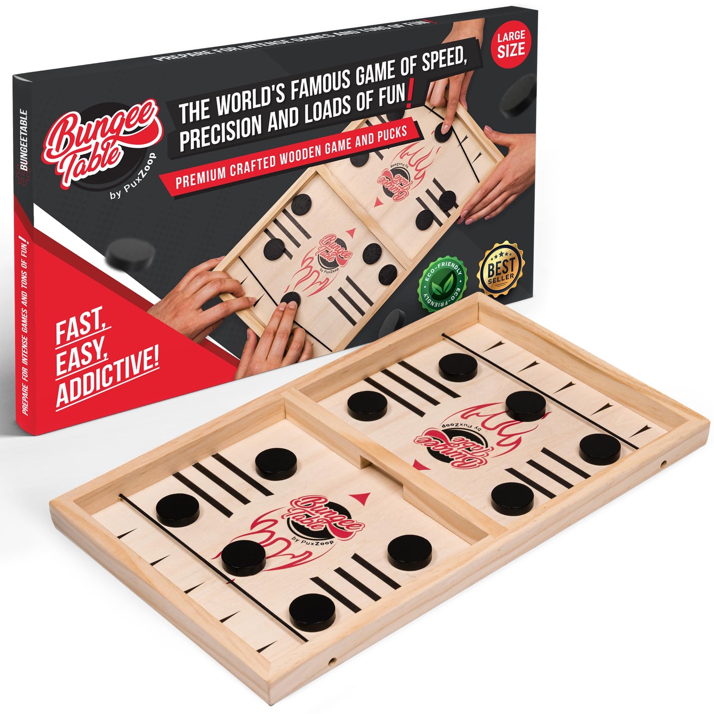 PuxZoop Fast Sling Puck Game - Large Size - Test Your Speed and Accuracy with This Fast-Paced Wooden Air Hockey Board Game - Guaranteed Fun for Family