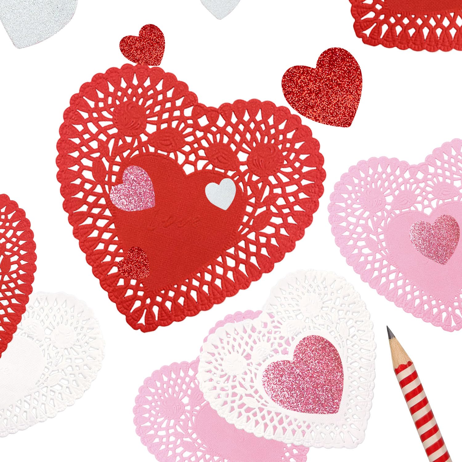 mufanyu 256 Pcs Valentines Day Crafts Gifts Set with 100 Heart Doilies, 2 Bags Foam Heart Stickers for Valentines Day Wedding Party Decor DIY