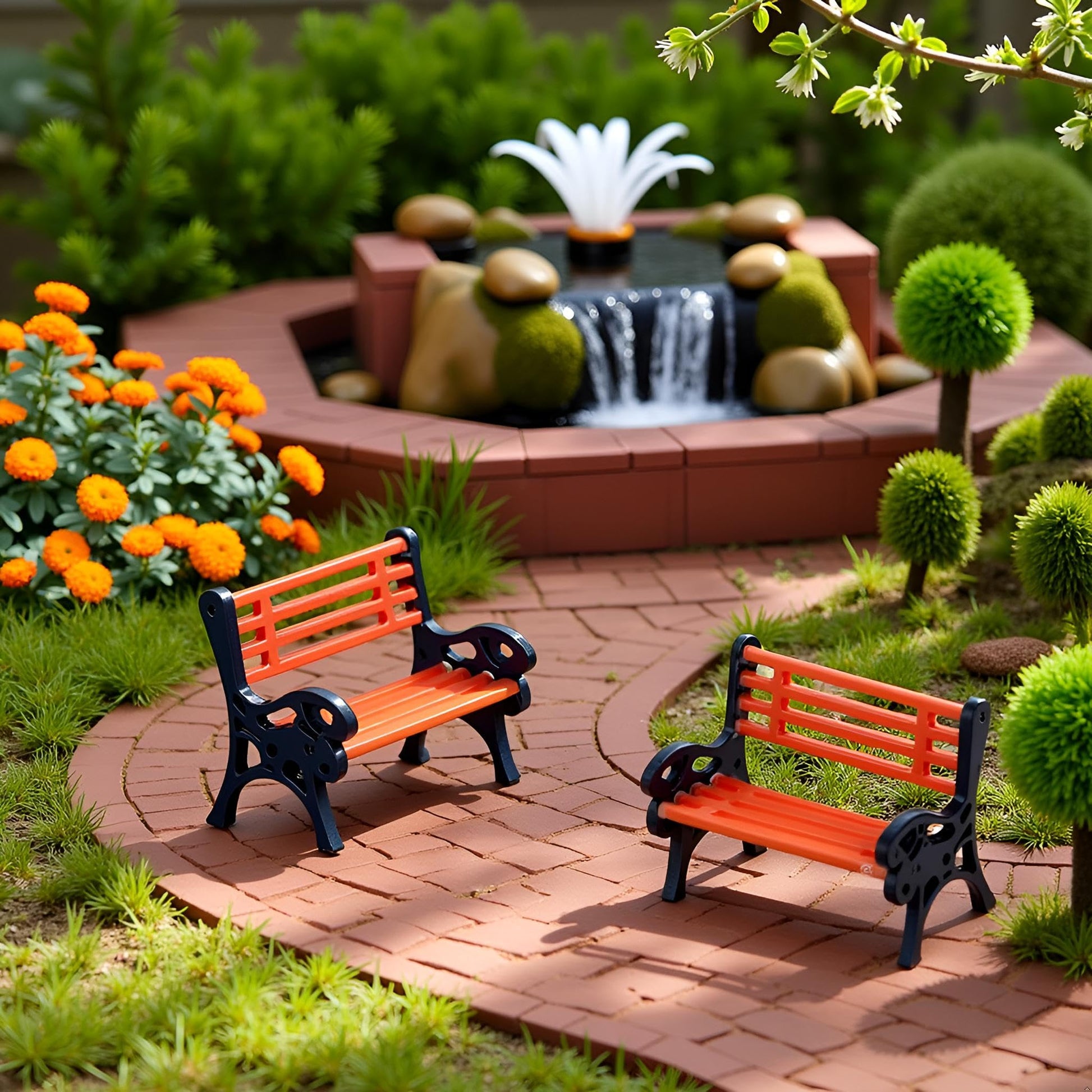 2Pcs Brown Miniature Park Bench Set, Street Seats and Garden Ornaments for Dollhouse and Fairy Garden Decor, Mini Bench Chairs for Train Platform