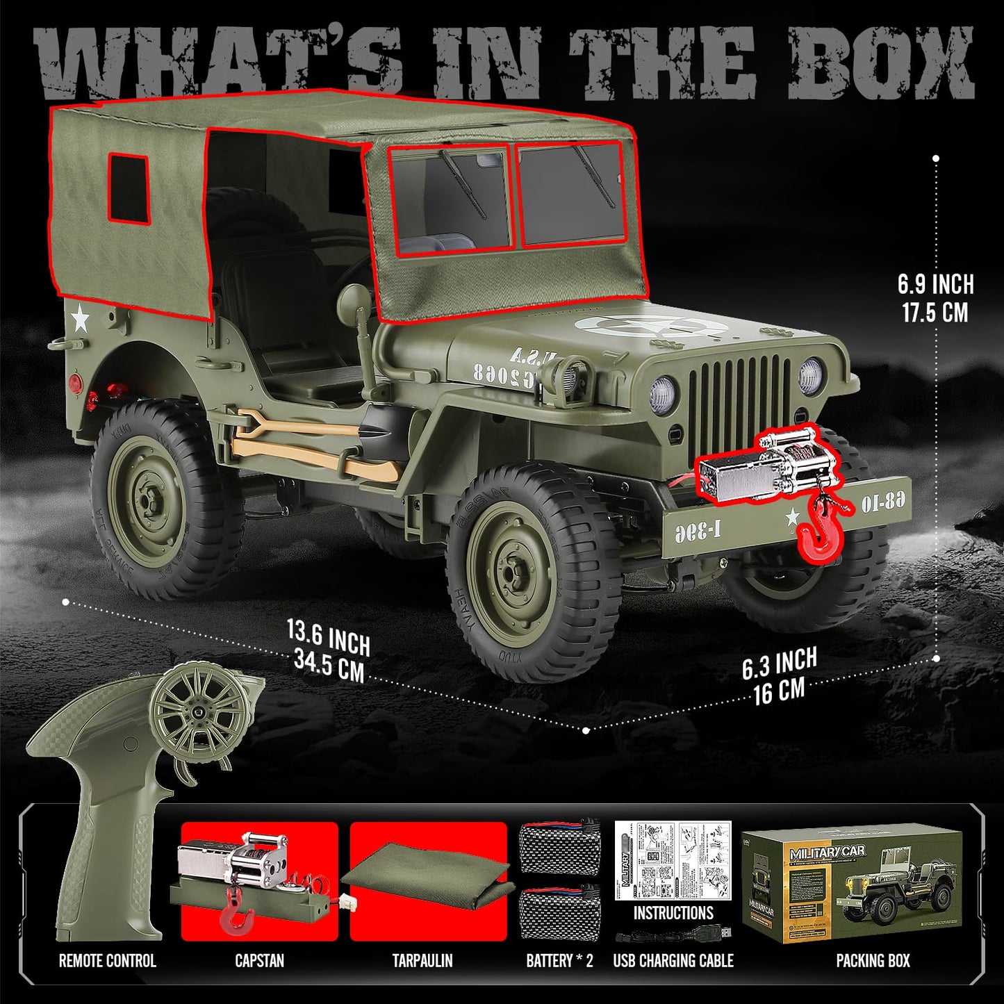 toylefun 1/10 Scale RC Military SUV, Remote Control 4WD Off-Road Vehicle with Alloy Frame Chassis, with Winch and Capstan, Army Vehicle with Opening