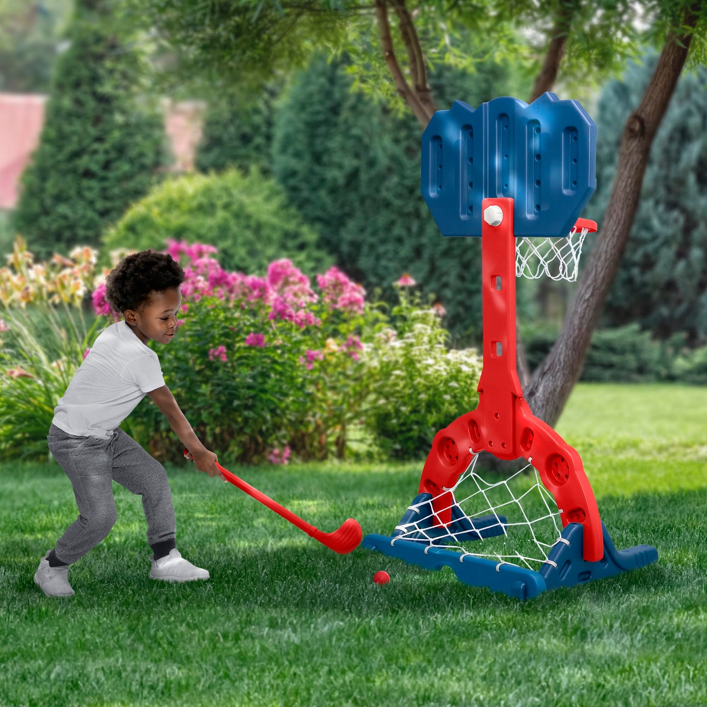 Delta Children Marvel Spider Man 4-in-1 Sports Center - Adjustable Easy Score Basketball Hoop, Soccer/Hockey Net and Golf Game, Red/Blue