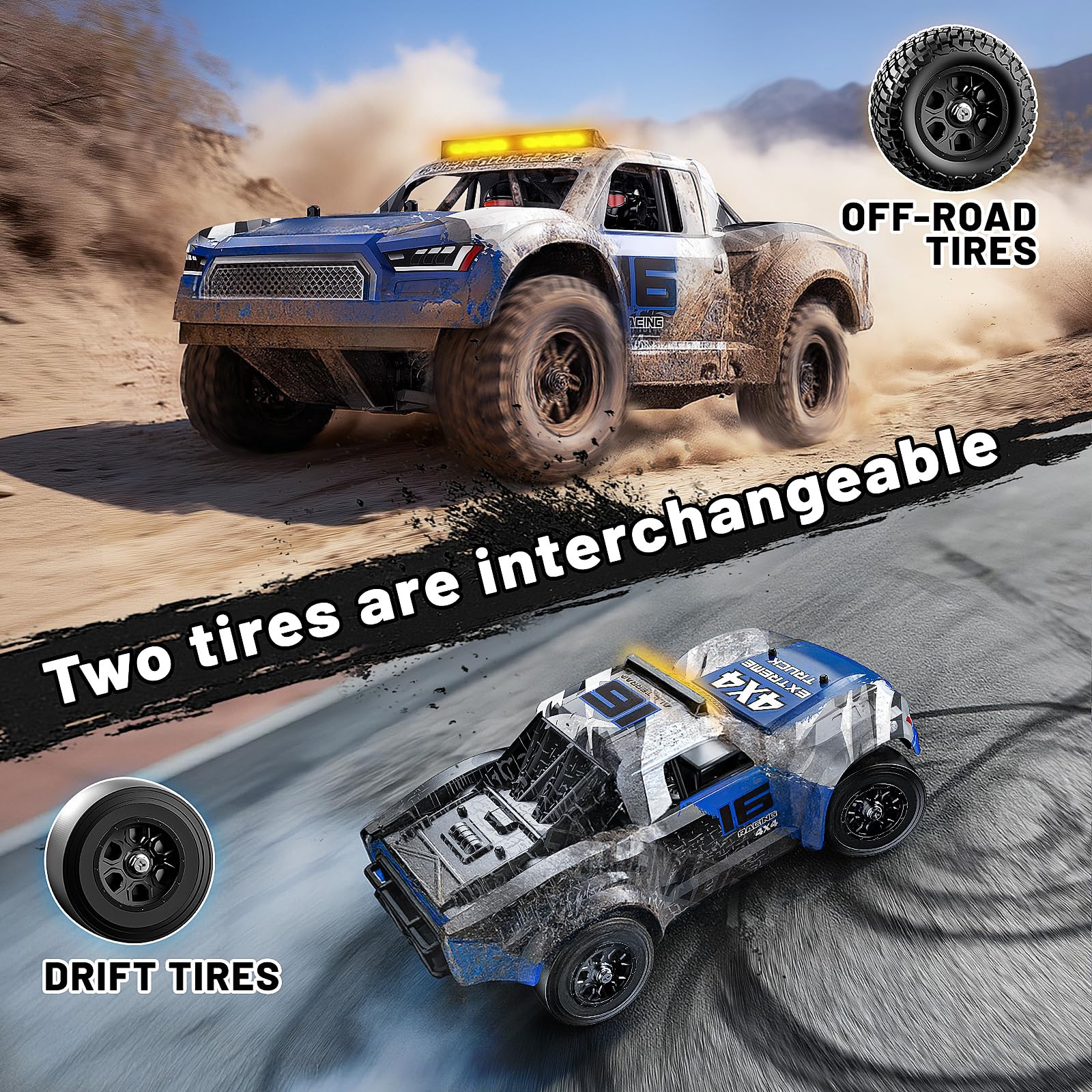 1:16 Scale RC Monster Truck, 2.4GHz Remote Control Fast RC Car 36km/h 4WD Off-Road Water-Resistant Electric Powered Vehicle with Dual Batteries, Drift