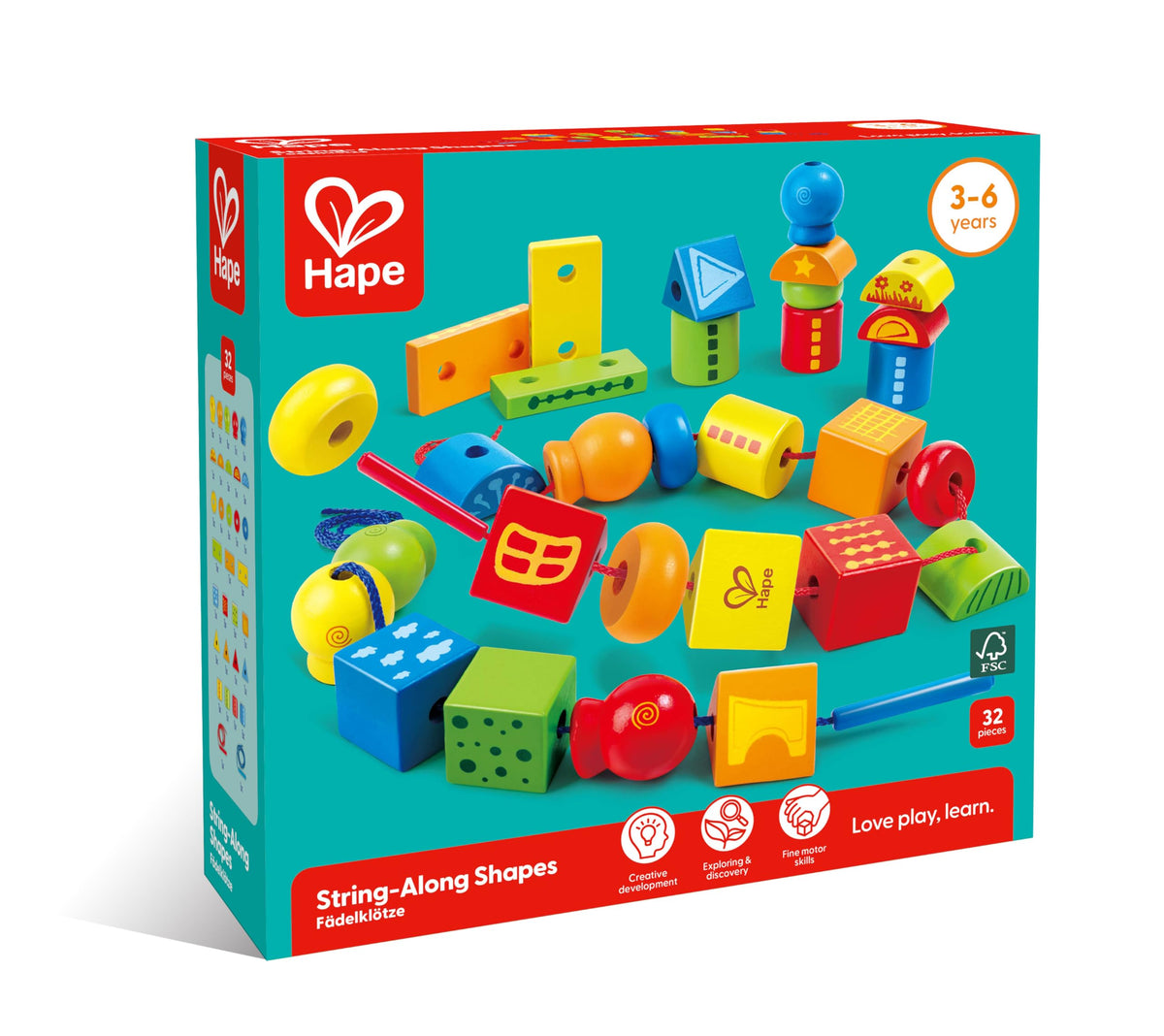 Hape String Shapes Wooden Toy Blocks in 32 Pieces, 3+ Years, Water Based Paint, String