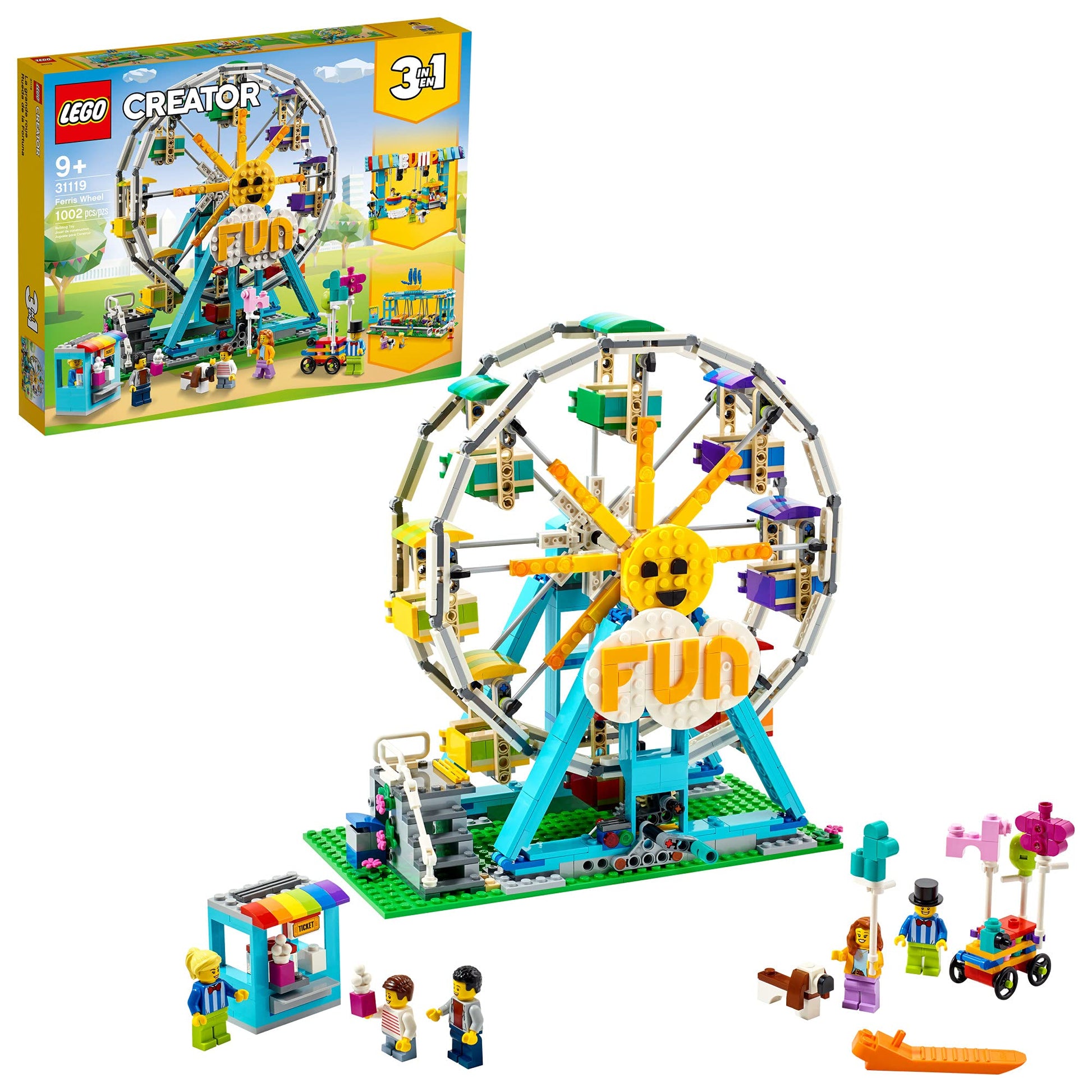 Lego Creator 3in1 Ferris Wheel 31119 Building Kit with Rebuildable Toy Bumper Cars, Boat Swing and 5 Minifigures; New 2021 (1,002 Pieces)