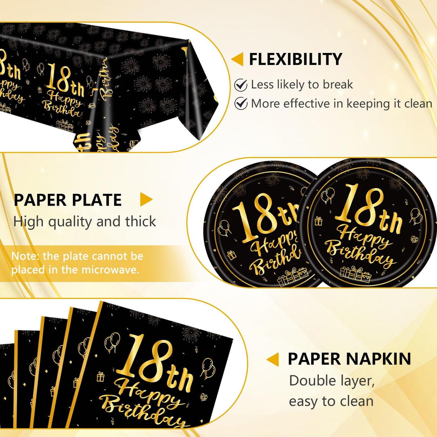 41PCS Happy 18th Birthday Decrations for Boys Girls Black Gold Themed Disposable Tableware Decor Includeing Plates Napkins Tablecloth for Eighteen