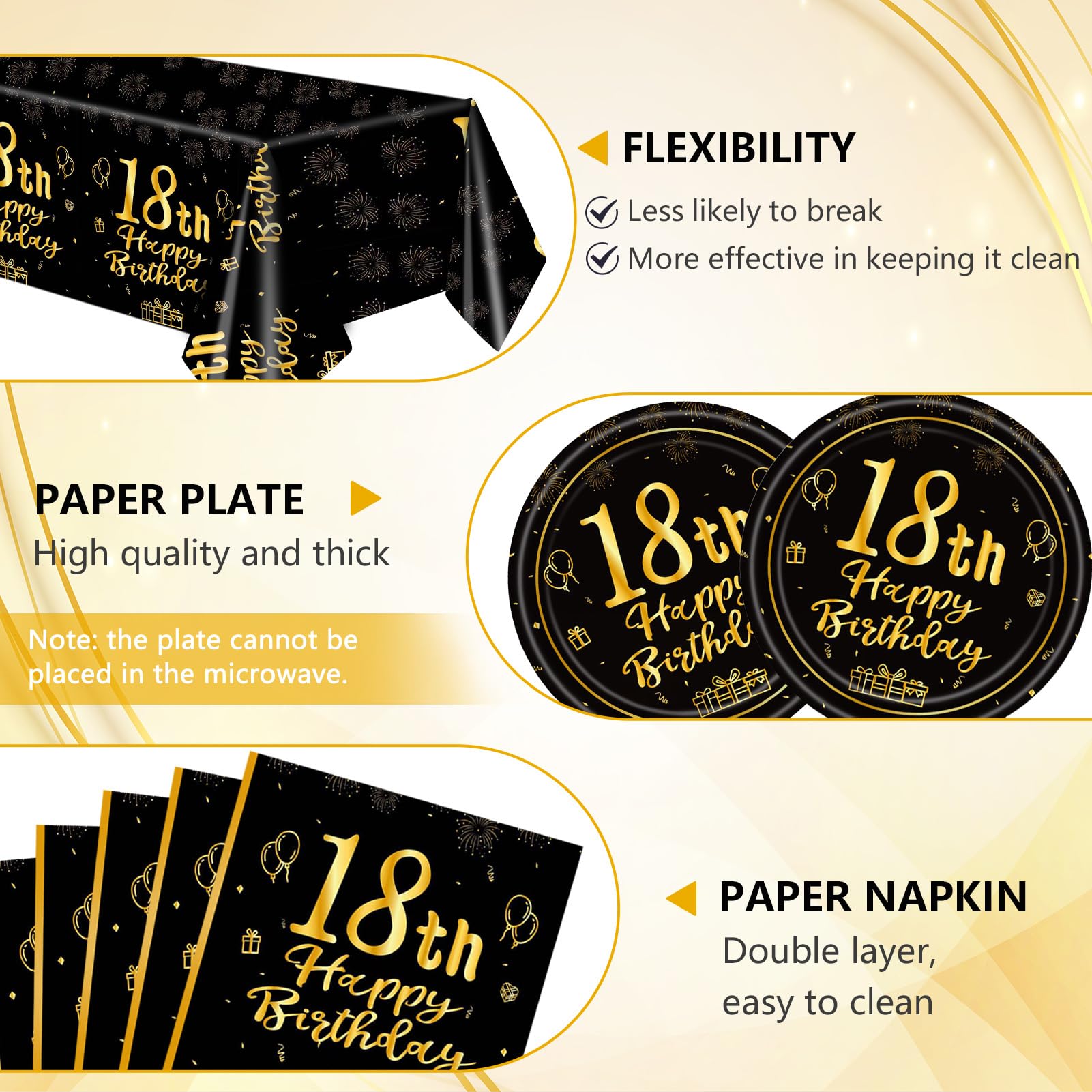 41PCS Happy 18th Birthday Decrations for Boys Girls Black Gold Themed Disposable Tableware Decor Includeing Plates Napkins Tablecloth for Eighteen