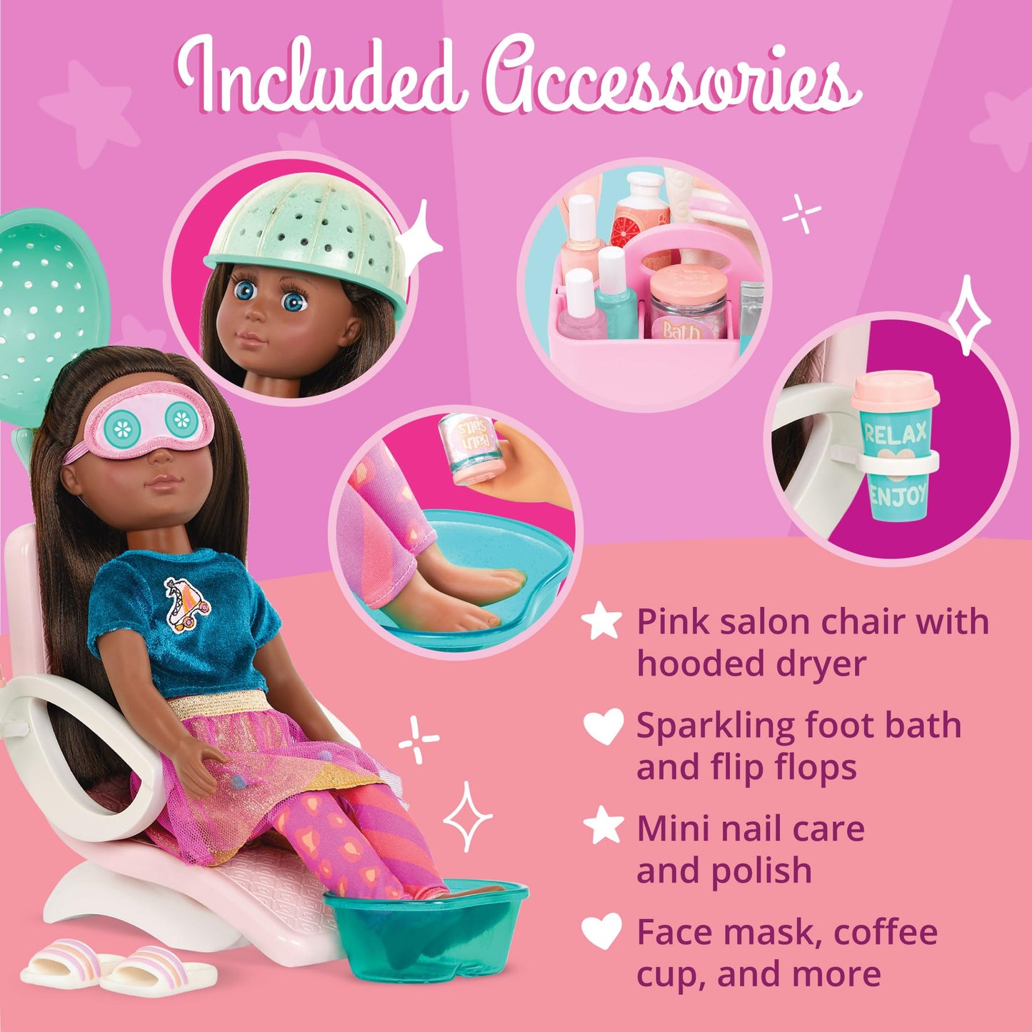 Glitter Girls - 14-Inch Doll Accessories - Salon Chair & Styling Playset - Hooded Hair Dryer, Foot Bath, Pretend Nail Polish - 3+ Years- Children’s