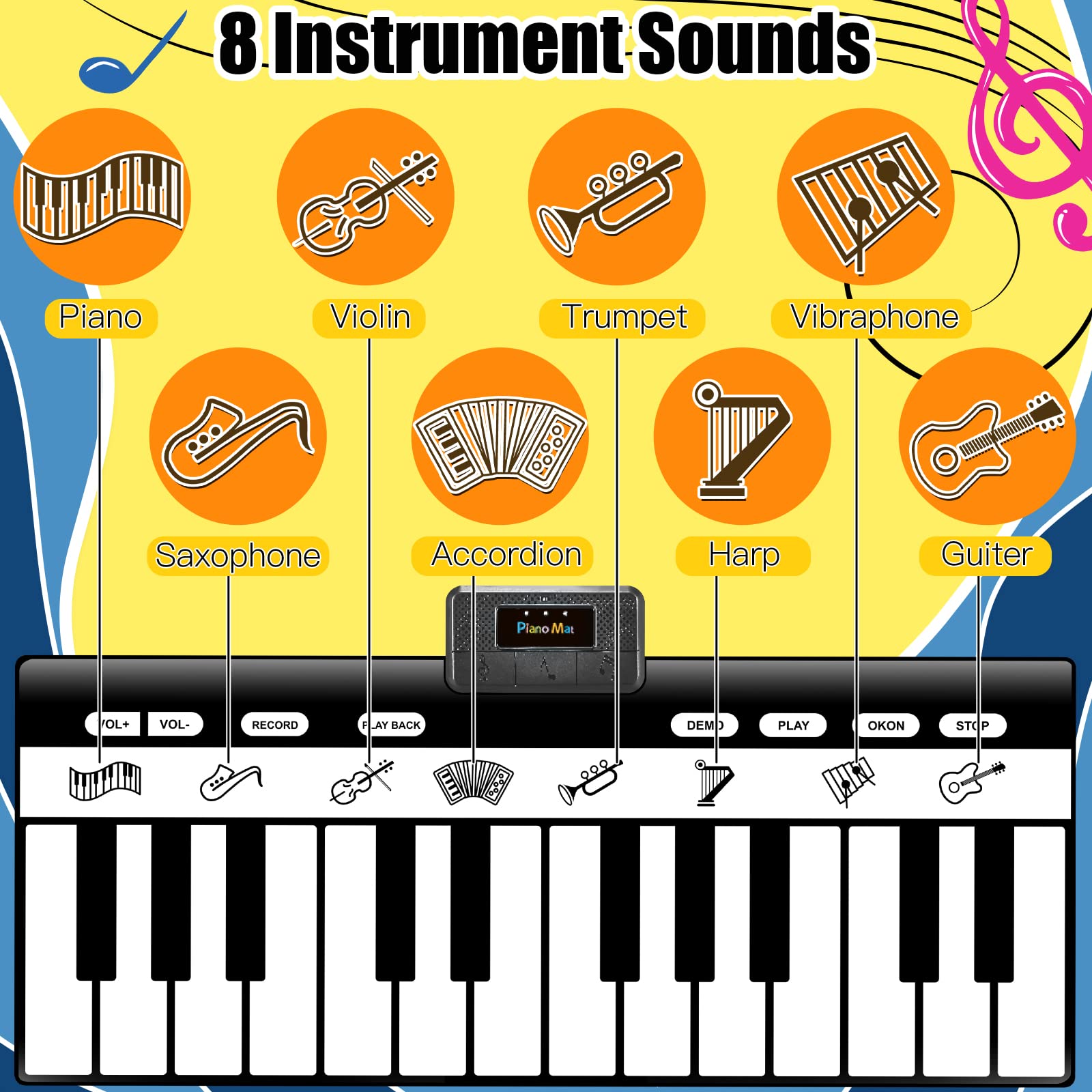 TWFRIC 6ft. Piano Mat with 24 Keys & 10 Demos & 8 Musical Instruments Sounds & 4 Play Modes, Giant Dance Floor Piano Music Play Mat 71'' Large