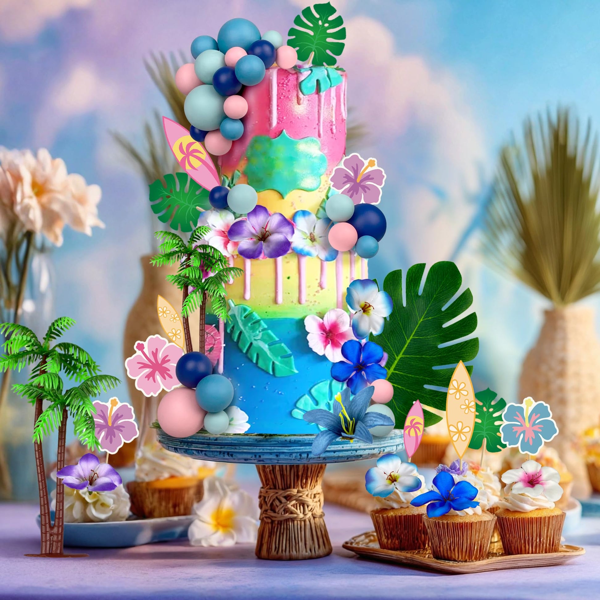55PCS Hawaiian Pink Blue Cake Topper with Balls Tropical Flower Decor for Baby Shower and Birthday Party Supplies