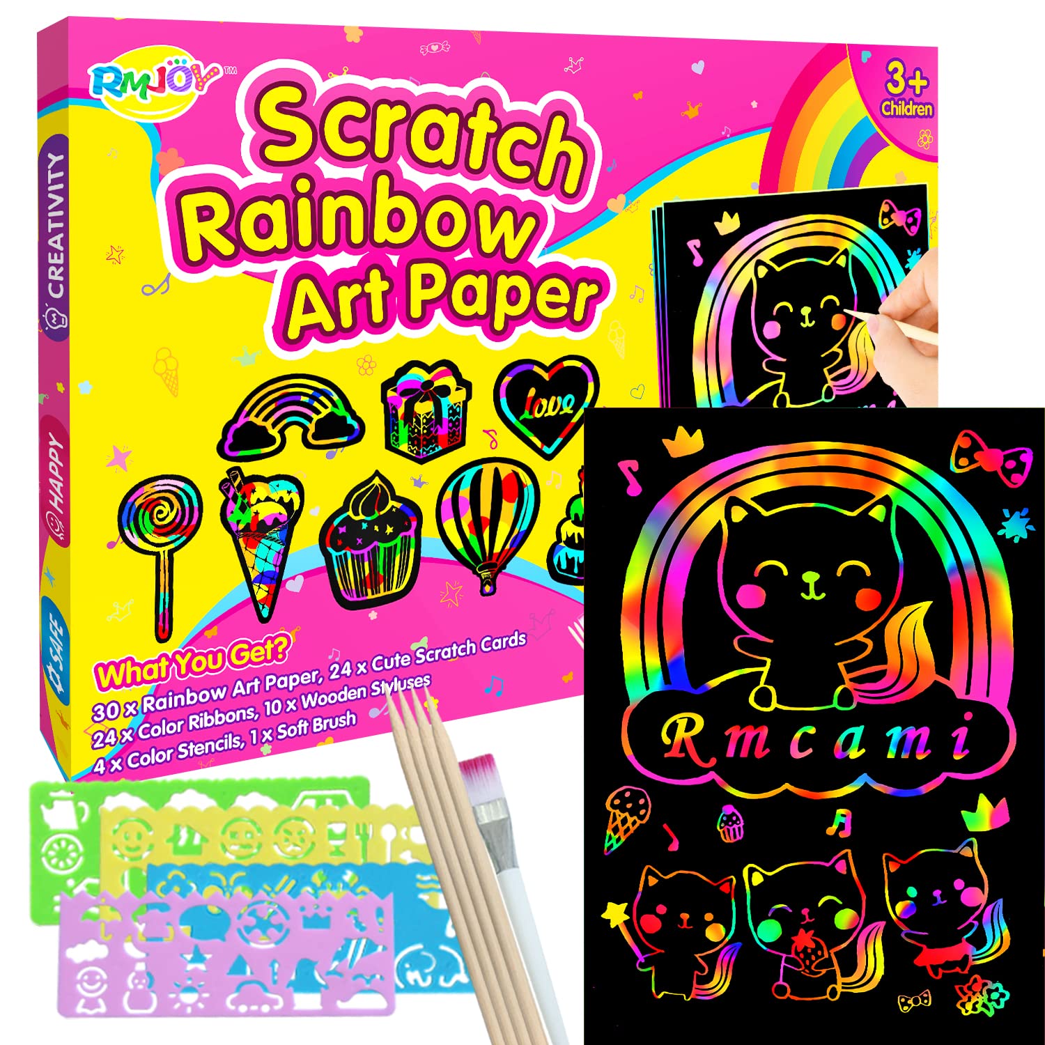 RMJOY Rainbow Scratch Paper Art for Kids: 50PCS Magic Arts Crafts Gifts Toys for Girls Boys Ages 3-12 Games Activities for Birthday Party Family Day