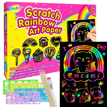 RMJOY Rainbow Scratch Paper Art for Kids: 50PCS Magic Arts Crafts Gifts Toys for Girls Boys Ages 3-12 Games Activities for Birthday Party Family Day