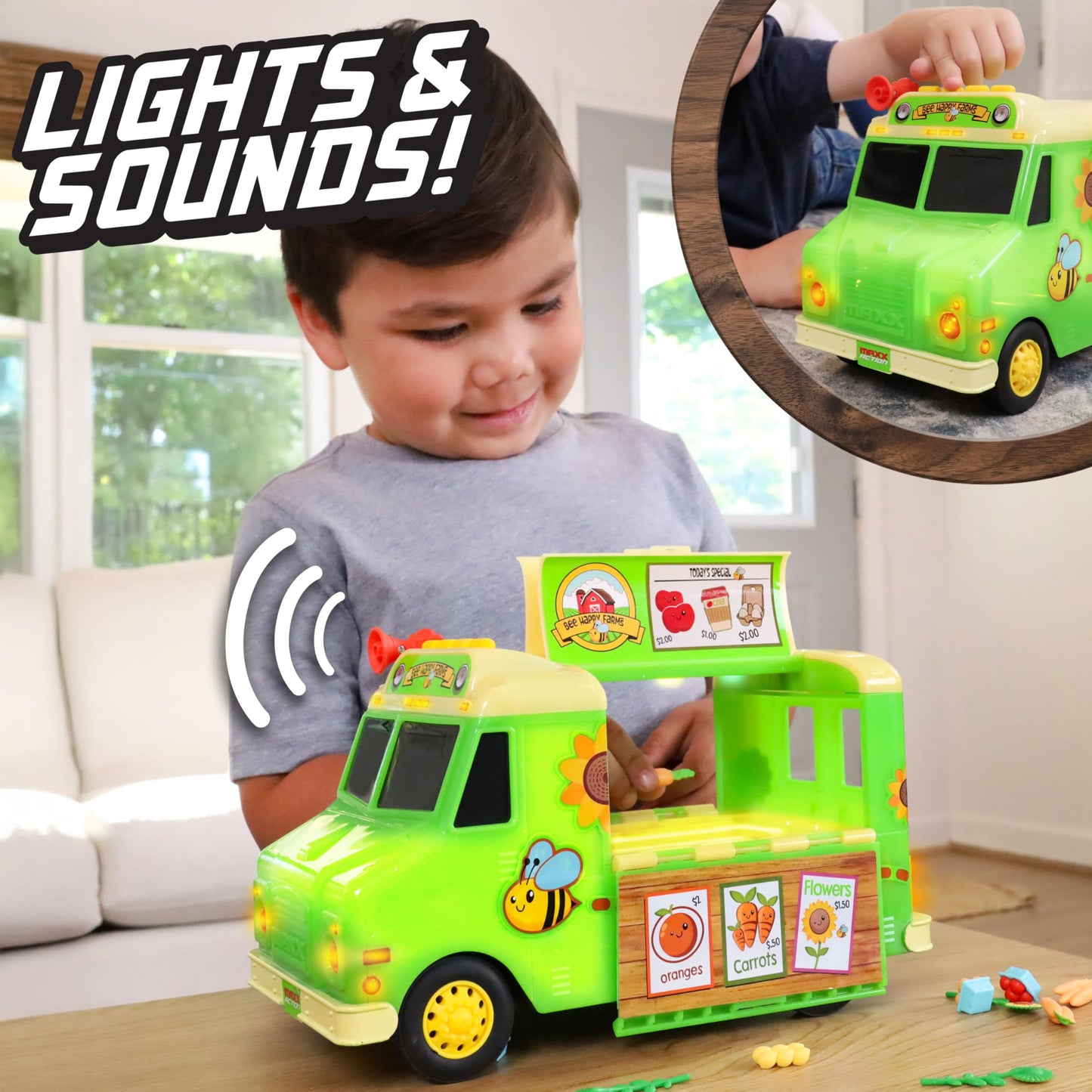 Maxx Action 12" Farmer's Market Food Truck, Lights and Sounds, Includes 14 Play Pieces, Miniature Food, Pretend Play for Girls and Boys, Ages 3+
