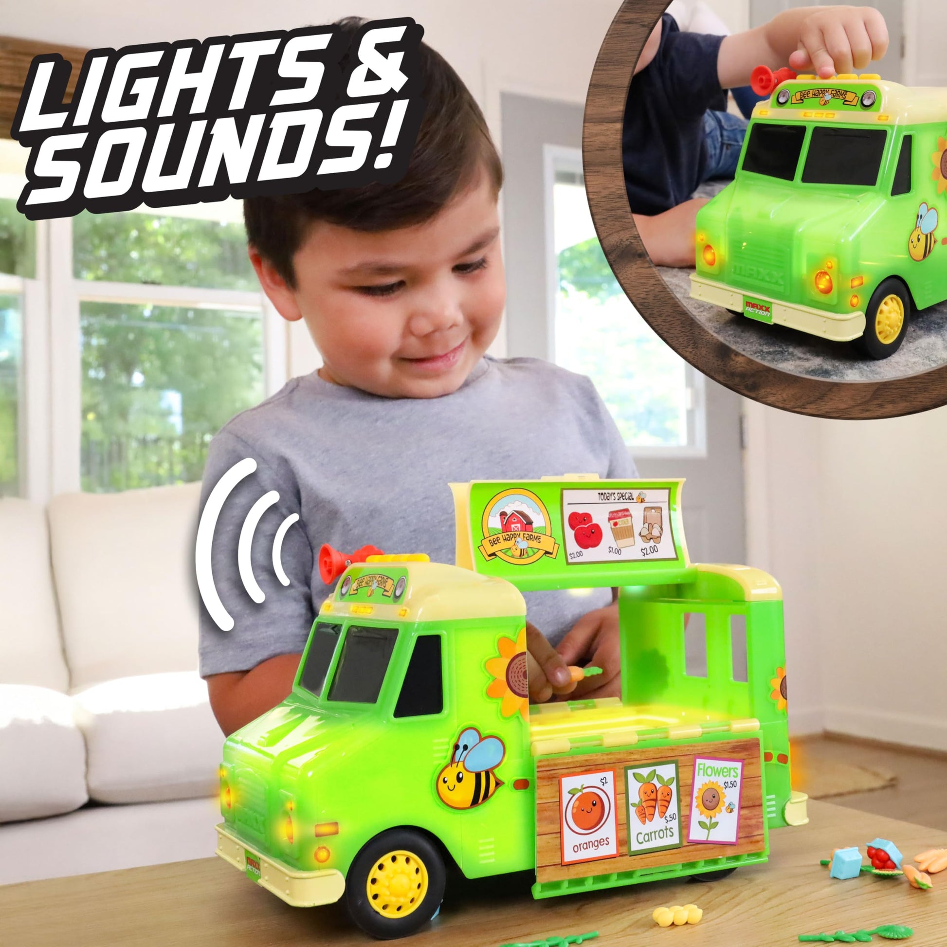 Maxx Action 12" Farmer's Market Food Truck, Lights and Sounds, Includes 14 Play Pieces, Miniature Food, Pretend Play for Girls and Boys, Ages 3+
