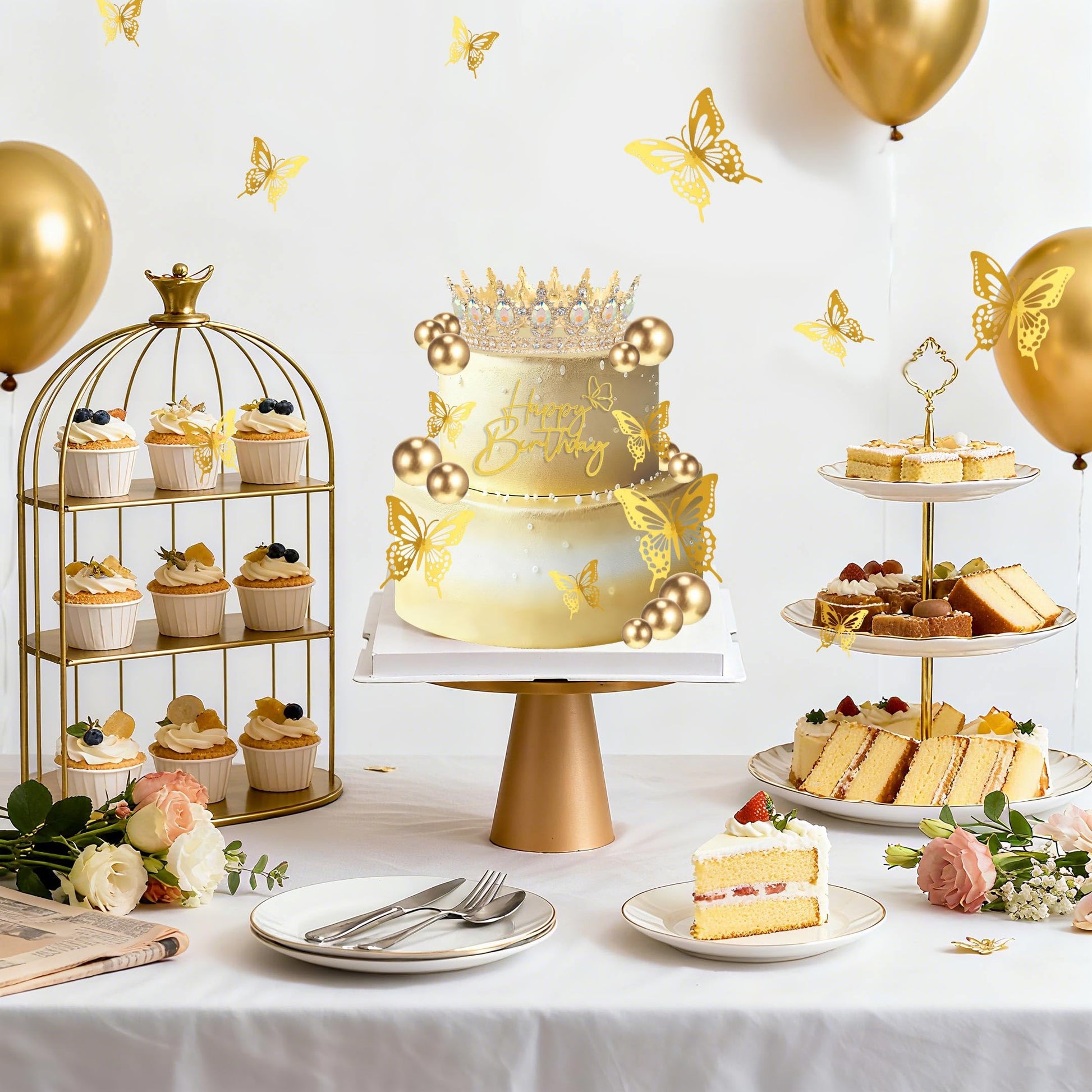 ZOYVUX Birthday Crown Cake Topper, Cake Decorations with Happy Birthday Cake Topper, Balls, Gold Butterflies, Corona Para Pastel for Women, Princess