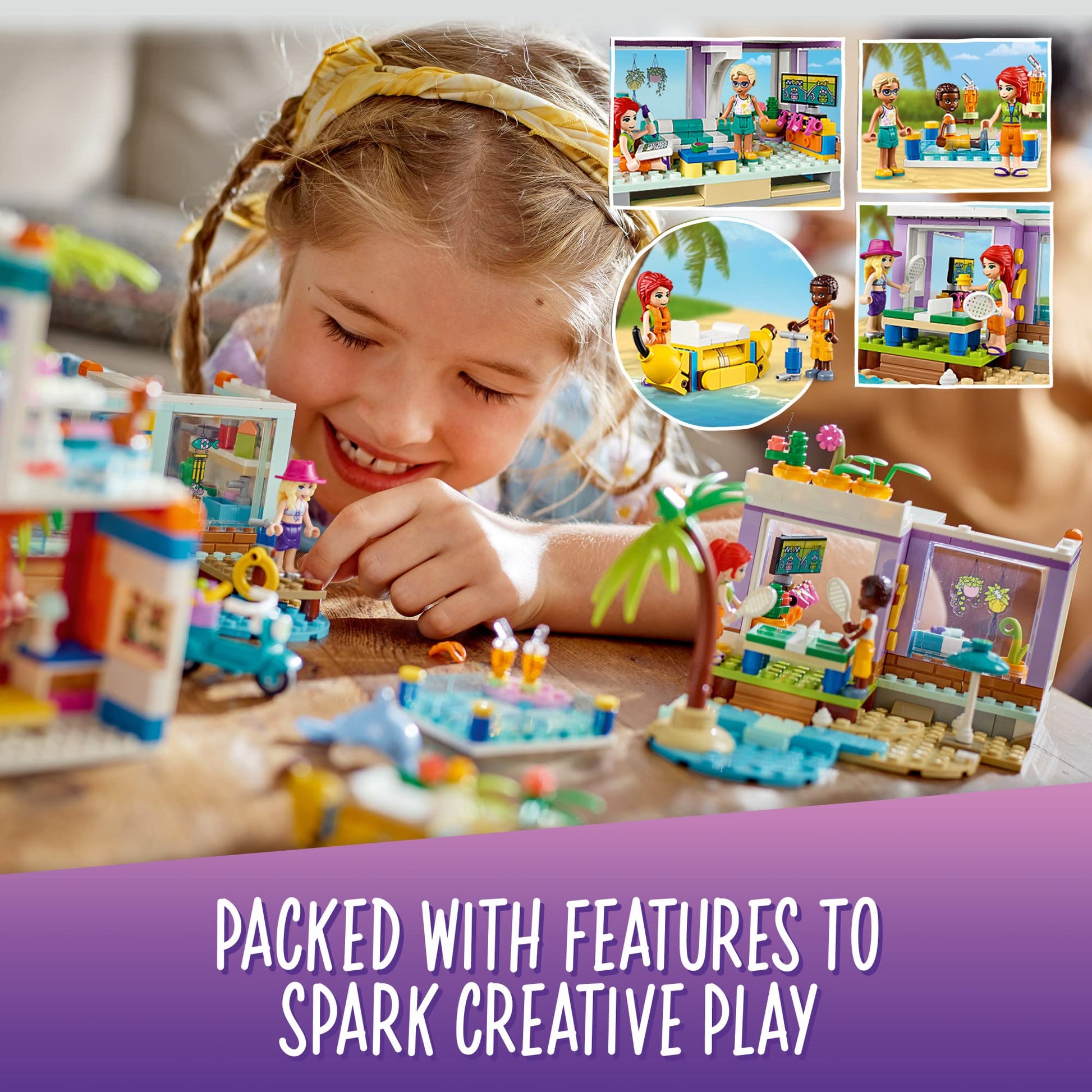LEGO Friends Vacation Beach House 41709 Building Kit; Gift for Kids Aged 7+; Includes a Mia Mini-Doll, Plus 3 More Characters and 2 Animal Figures to