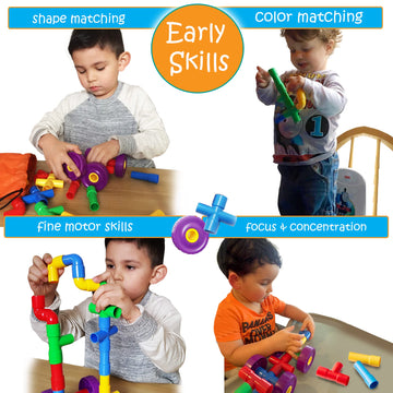 Skoolzy STEM Learning Pipe Tube 29 Piece Toys_and_Games Set, Educational Construction Building Blocks for ADHD & Autism for Baby, Kid Includes Wheels