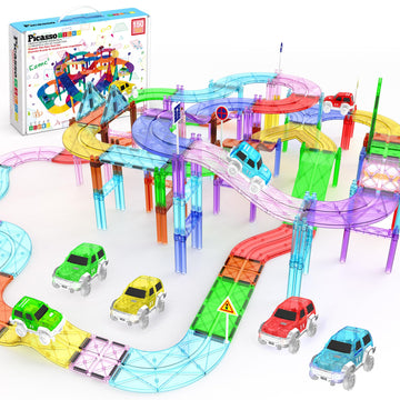 PicassoTiles 150 Piece Race Car Track Building Block Educational Toy Set Magnet Tile Magnetic Blocks Playset 4 Cars Early STEM Learning Construction