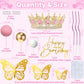 AMZVALU Crown Cake Topper, Balls Happy Birthday Cake Topper Pink Crown Birthday Candles Gold Butterflies, Corona Para Pastel, Cake Decorations