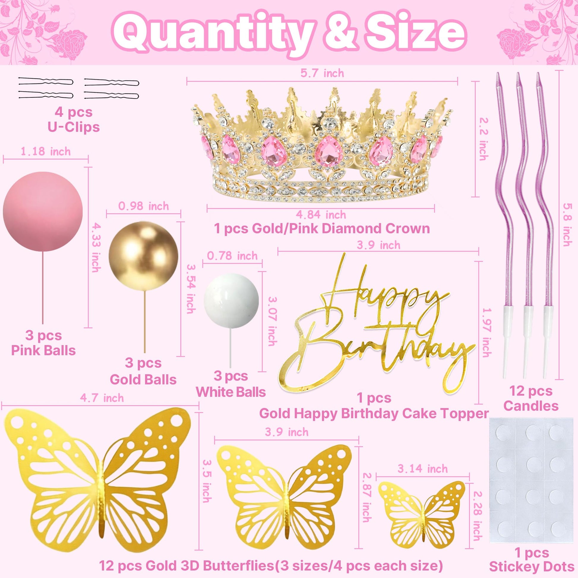 AMZVALU Crown Cake Topper, Balls Happy Birthday Cake Topper Pink Crown Birthday Candles Gold Butterflies, Corona Para Pastel, Cake Decorations