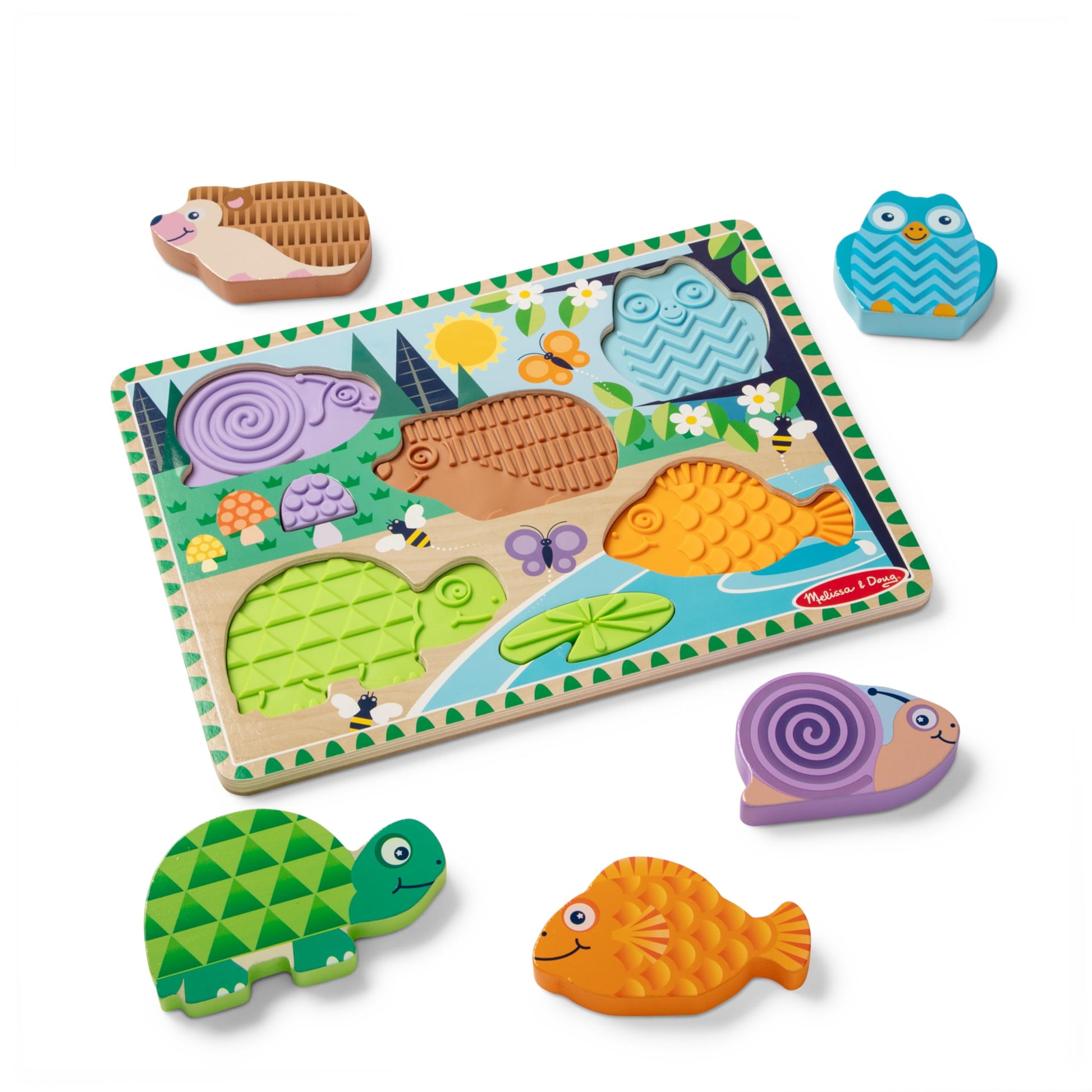 Melissa & Doug Forest Friends Touch & Feel Wooden Puzzle, 5-Piece Chunky Toddler Puzzles with Animals & Textured Silicone Puzzle Board Inlays,