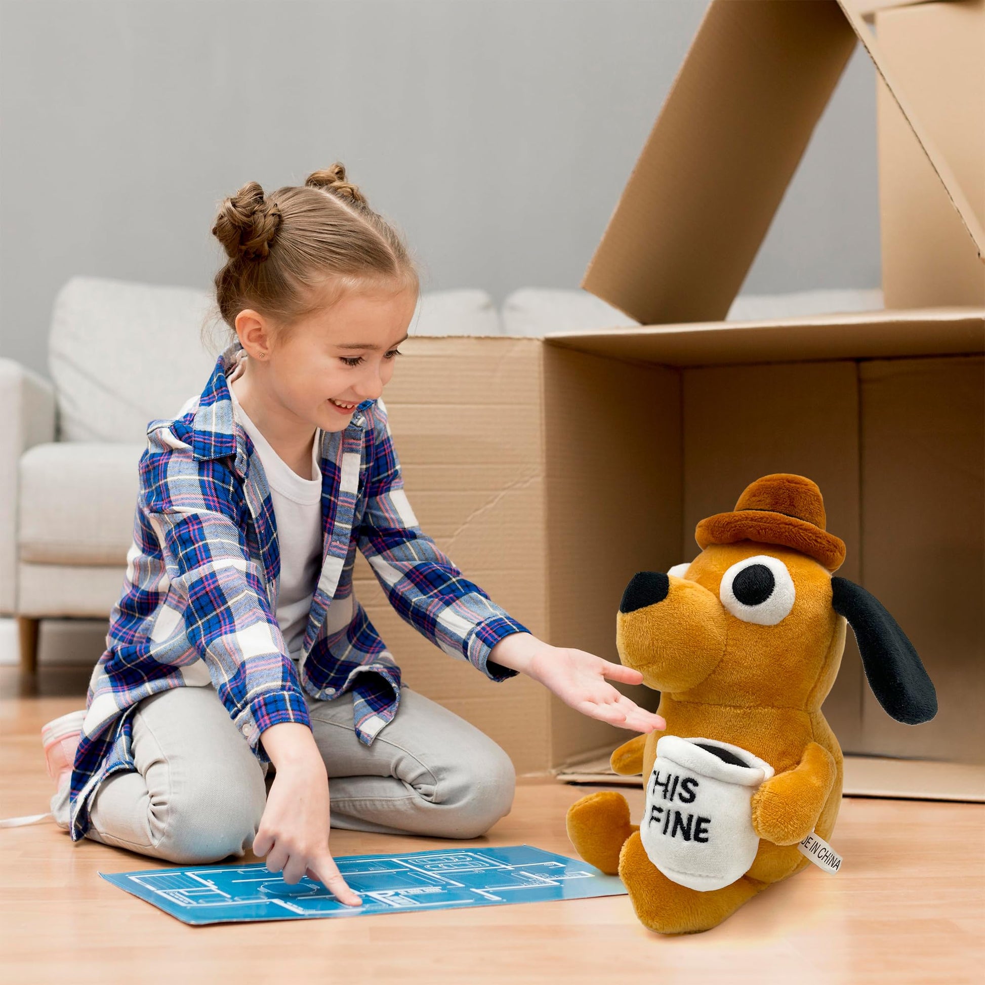 Adenzai This is Fine Dog Plushie | Funny Coffee Dog Meme Plush | Hilarious Office Decor & Stuffed Animal Toy | Perfect for Xmas, Birthday, or Office