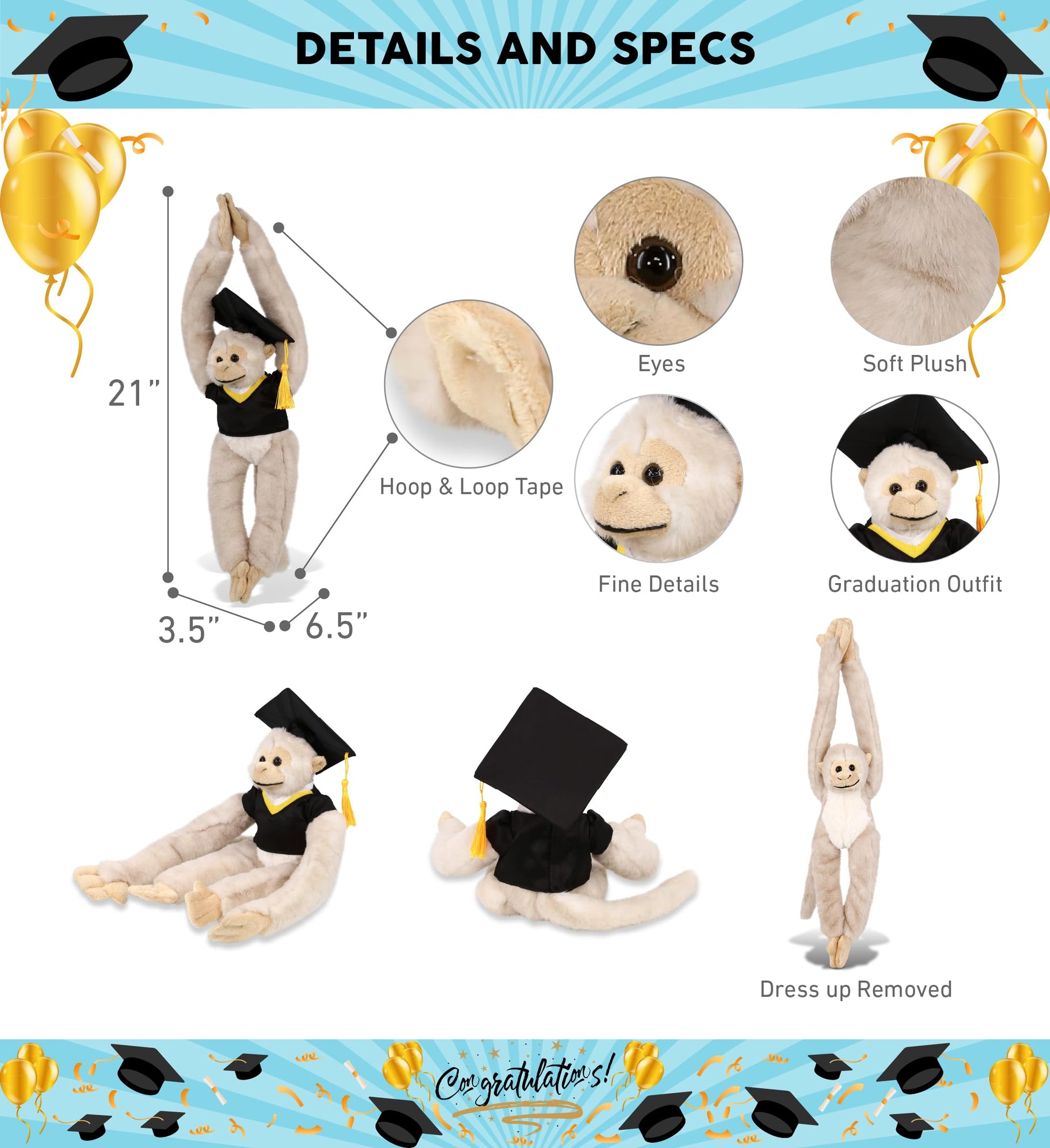DolliBu Long Arm Hanging White Squirrel Monkey Graduation Plush Toy - Soft Graduation Stuffed Animal Dress Up Gown and Cap with Tassel - Gift