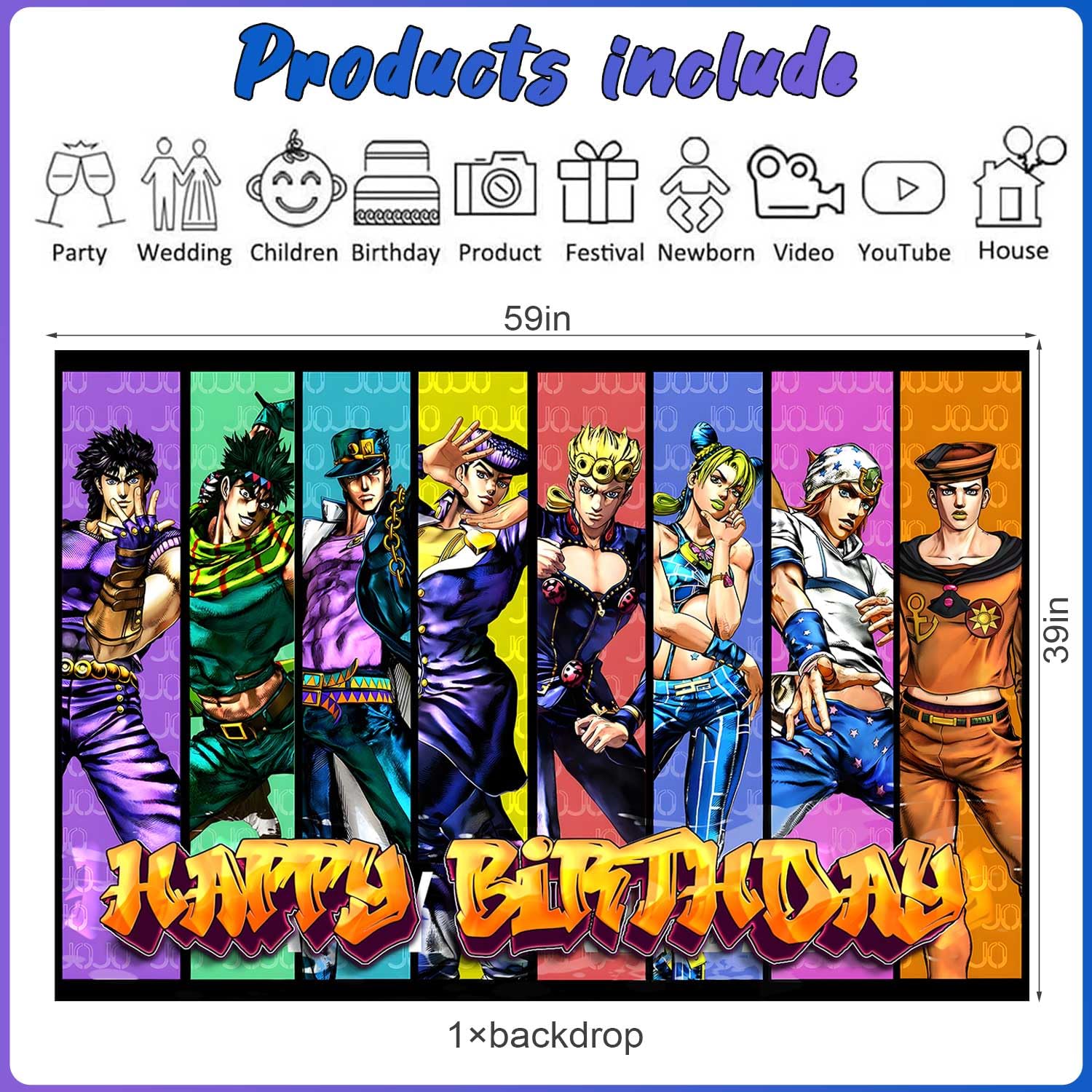 JOJO Birthday Party Decoration, Include Anime Backdrop 5 x 3 FT, Latex Balloons, Cake Topper for Adventure Theme Teen Fans Party