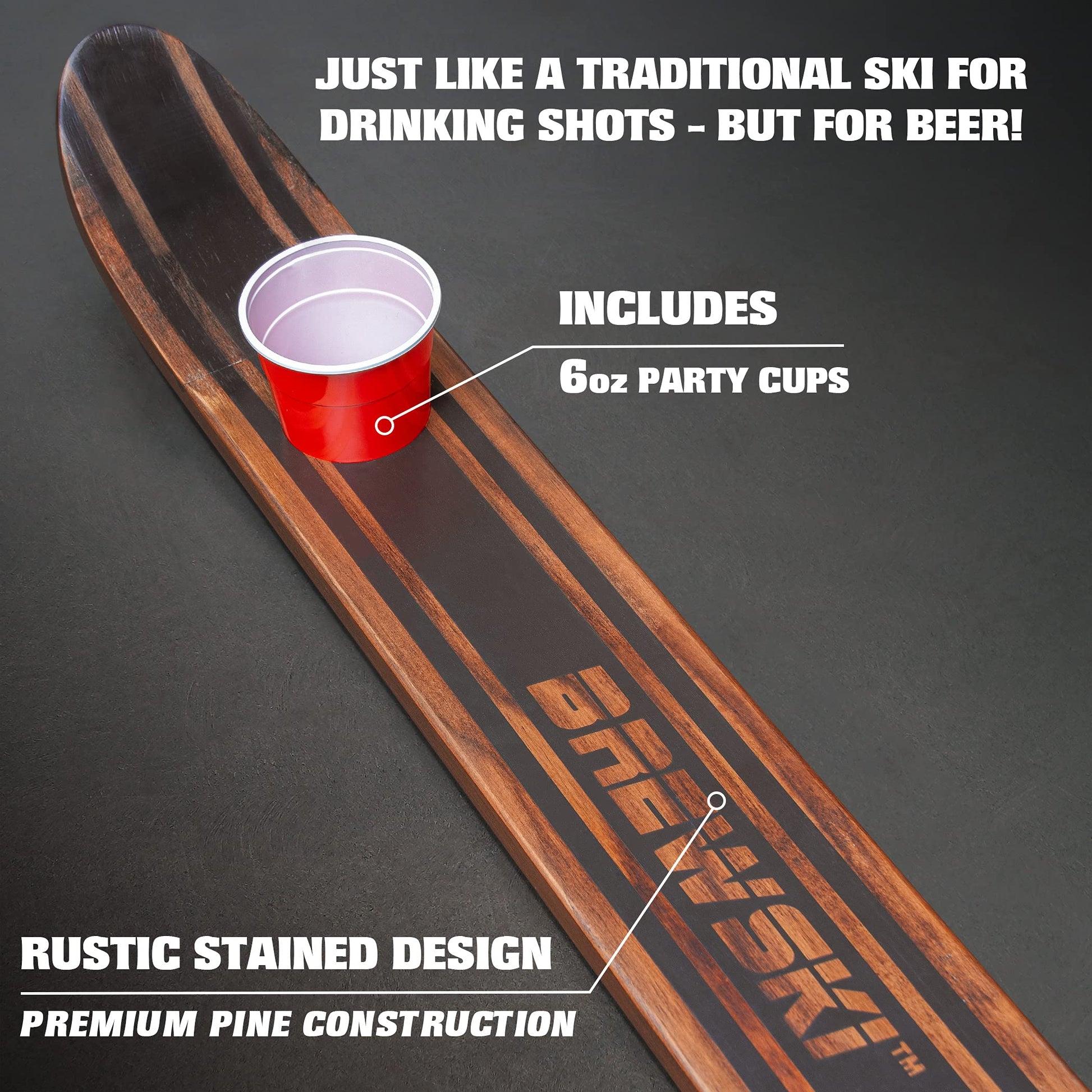 GoPong Brewski - Rustic Stained Design - 4 Person Beer Drinking Shot Ski with 50 Plastic 6 oz Cups