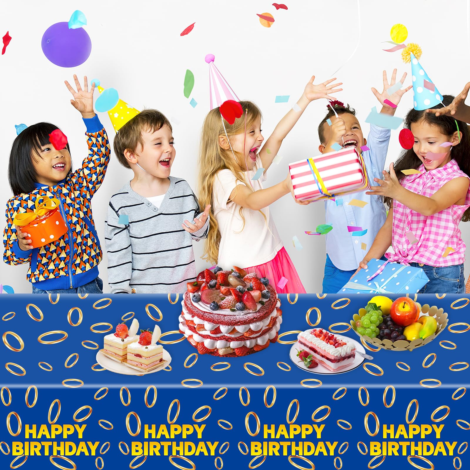 Lecinc 3 Pcs Blue with Gold Ring Print Plastic Tablecloth 108 x 51.2 Inches Table Cover Blue with Gold Ring Party Decor for Boys Girls Birthday Party