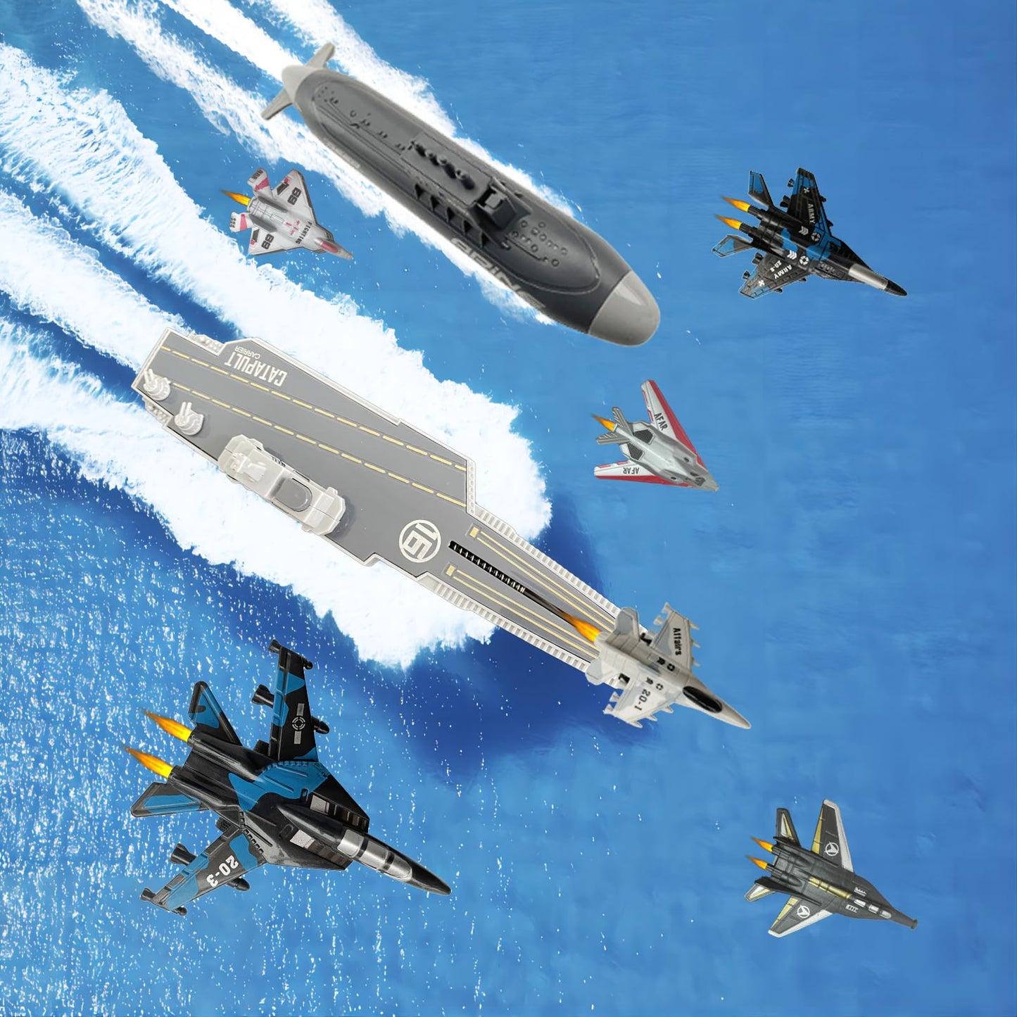 WASAiKA WASK Aircraft Carrier Toy and Submarine Toy Naval Ship with Launching Small Scale Model Fighter Jet Toy and Torpedoes, Ideal Gift Army Toys