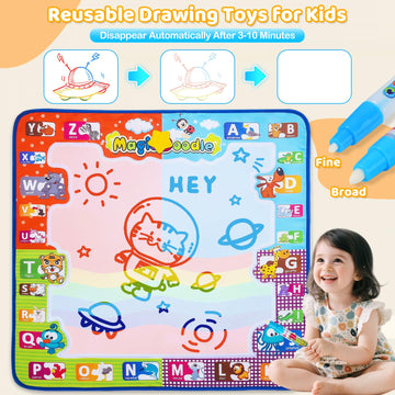 KIZZYEA Toys for 2 3 4 5 6+ Years Old Boys Girls, Water Doodle Mat for Kids, Large Coloring Painting Writing Magic Mat with Neon Colors, Educational