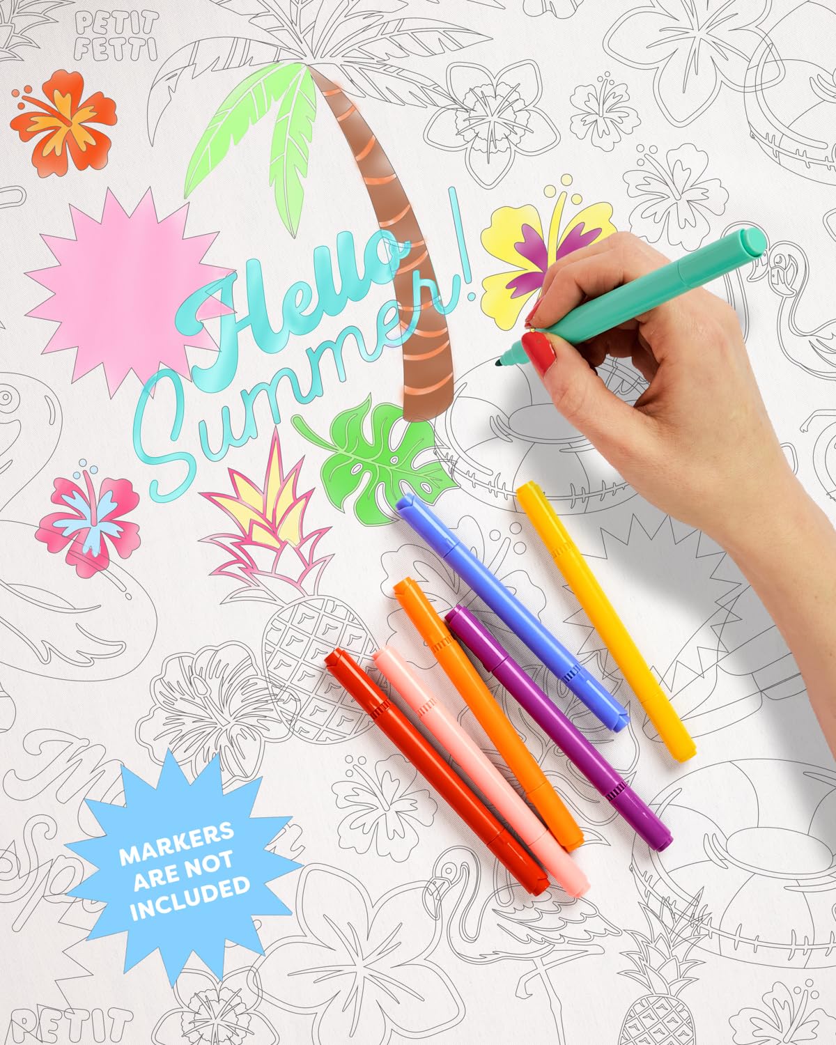 xo, Fetti Pool Party Paper Coloring Tablecloth - 9' x 4.5' | Summer Tablescape, Palm Tree Dinner Party Setting, Kids Birthday Decoration, Cute