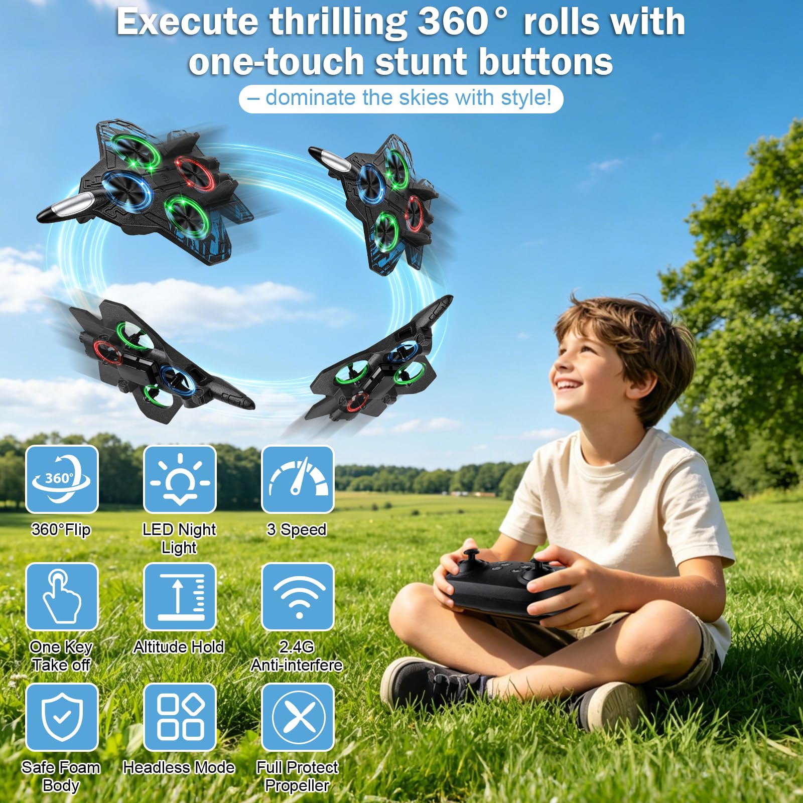 altoance Dazzling LED Stunt Toy Remote Control Aircraft for Kids, RC Quadcopter with 360° Flips and 30-Min Flight Time, Christmas Birthday Gift