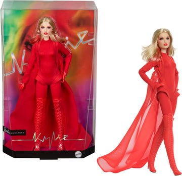 Barbie Signature Doll, Kylie Minogue Posable Collectible in “Padam Padam” Music Video Outfit with Red Bodysuit, Chiffon Cape and Lace-Up Boots