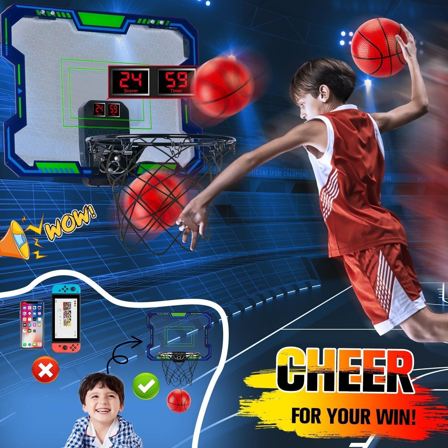VIGNUTO Indoor Basketball Hoop for Kids(Over 3 Years Old), Over the Door Basketball Hoop with Scoring, Countdown and Music Accompaniment, Kids Toys