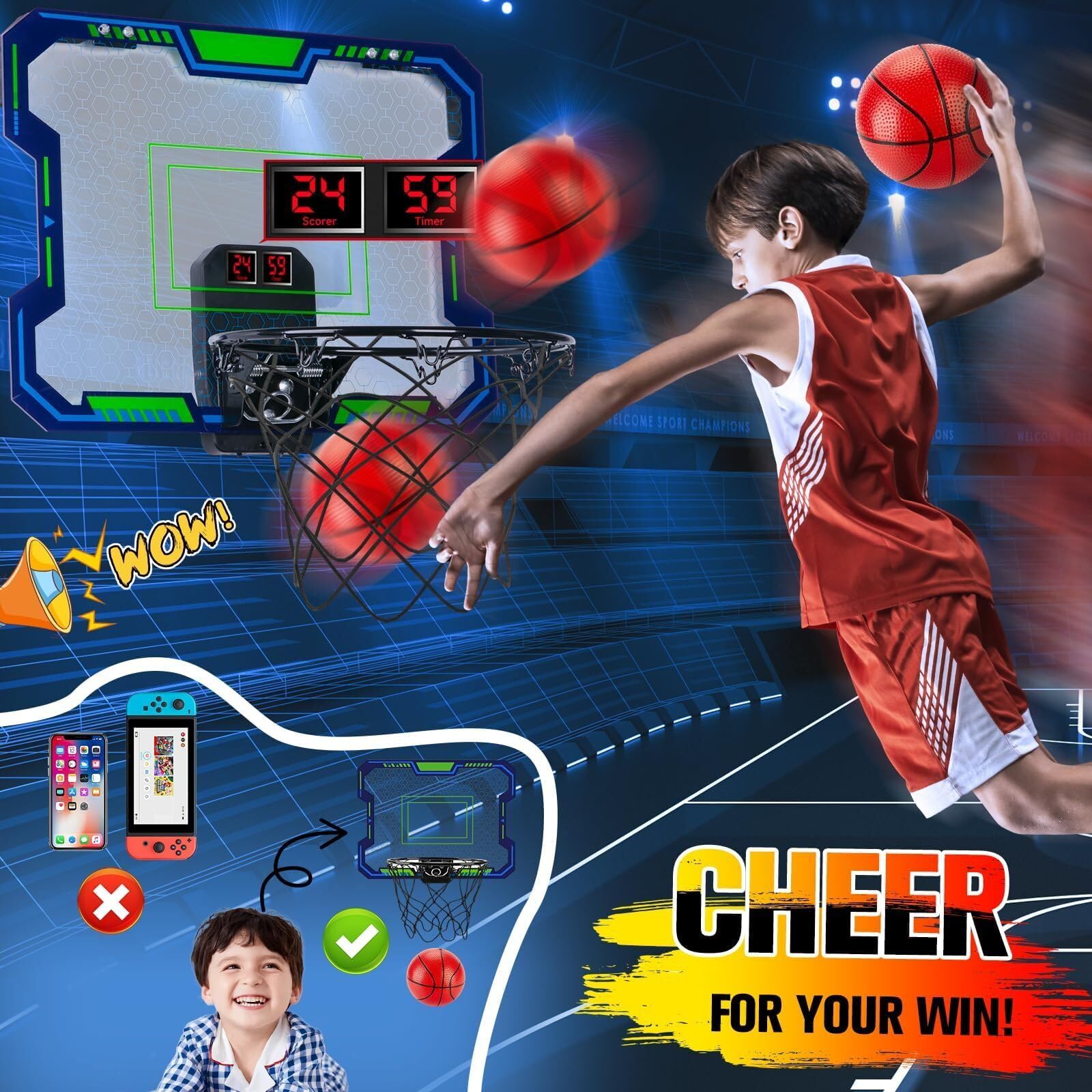 VIGNUTO Indoor Basketball Hoop for Kids(Over 3 Years Old), Over the Door Basketball Hoop with Scoring, Countdown and Music Accompaniment, Kids Toys