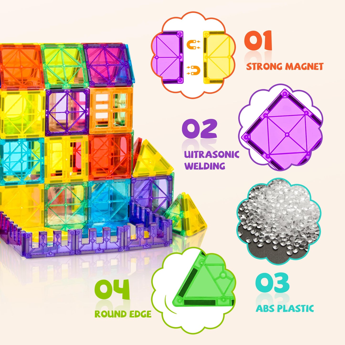 cossy 60 Pcs Magnet Tiles Magnetic 3D Building Blocks Set Educational Construction Toys for 3+ Year Kids with Stronger Magnets, Rivets-Fastened