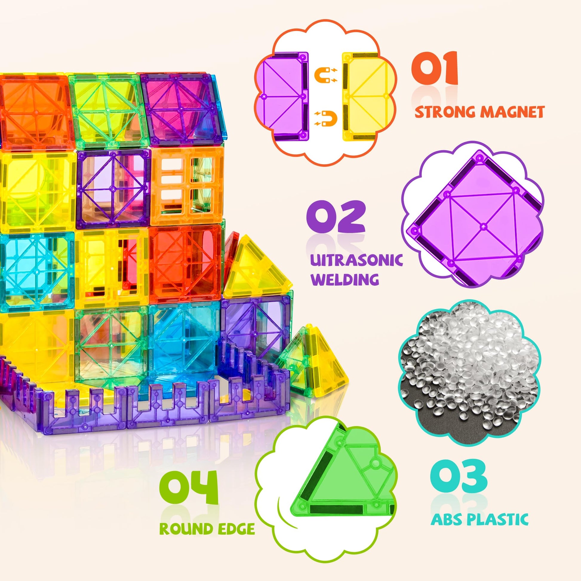 cossy 60 Pcs Magnet Tiles Magnetic 3D Building Blocks Set Educational Construction Toys for 3+ Year Kids with Stronger Magnets, Rivets-Fastened
