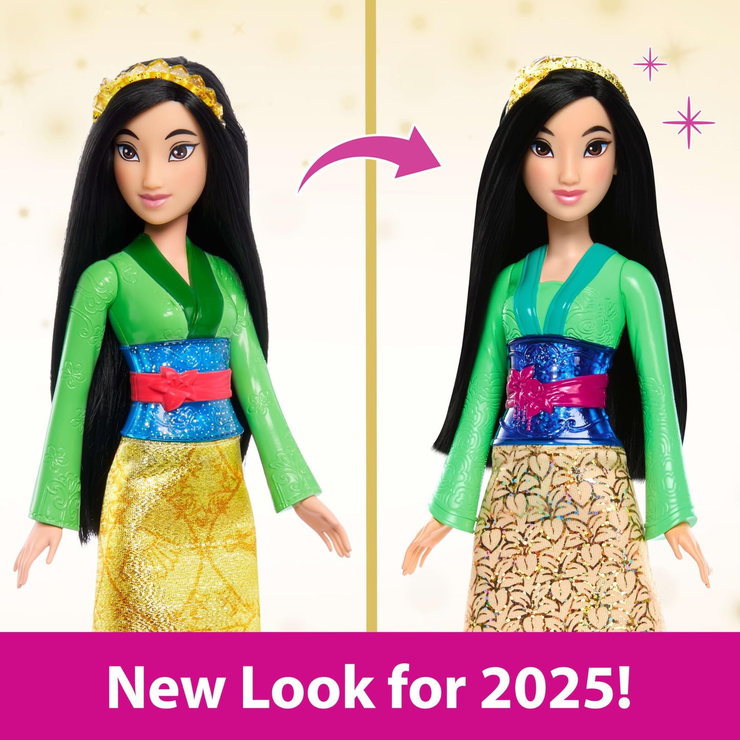 Mattel Disney Princess Mulan Doll in Sparkling Fashion with Removable Skirt, Headband and Shoes, Posable & Collectible, Inspired by Movie