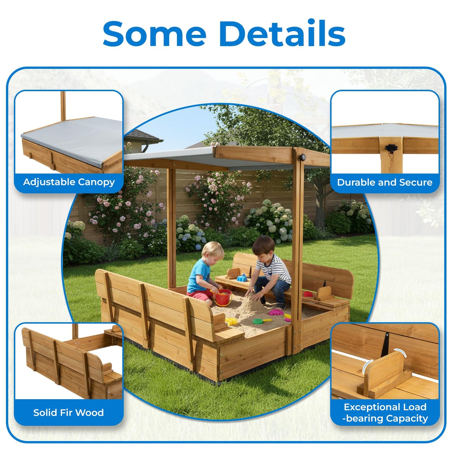 Mayugardening Large Wooden Kids Sandbox with Lid, Outdoor Weatherproof Sand Box with Covers, 2 Foldable Benches, Adjustable Height Canopy, Gift