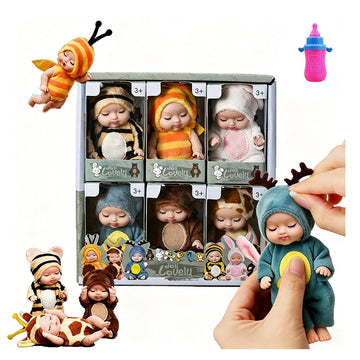 6 Pcs Mini Reborn Baby Dolls Set - 3.5 Inch Tiny Realistic Newborn Dolls with Animal Clothes, Hat & Toy Bottle, Washable PVC Doll for Dollhouse