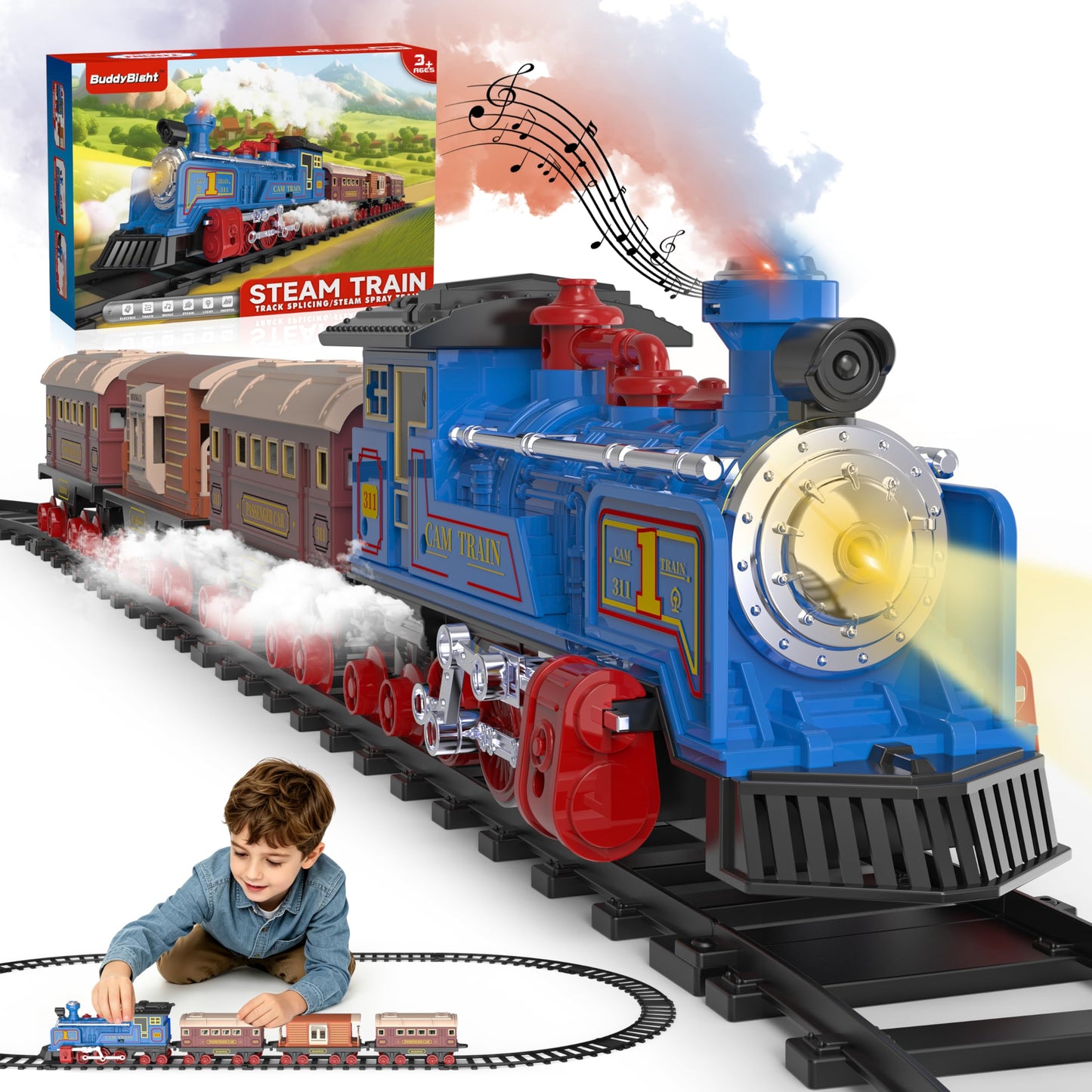 Electric Toy Train Set for Kids w/Smoke, Lights & Sound, Train Toys w/Locomotive, 12 Tracks Accessories, 3 Passenger Carriages, Toddler Model Trains