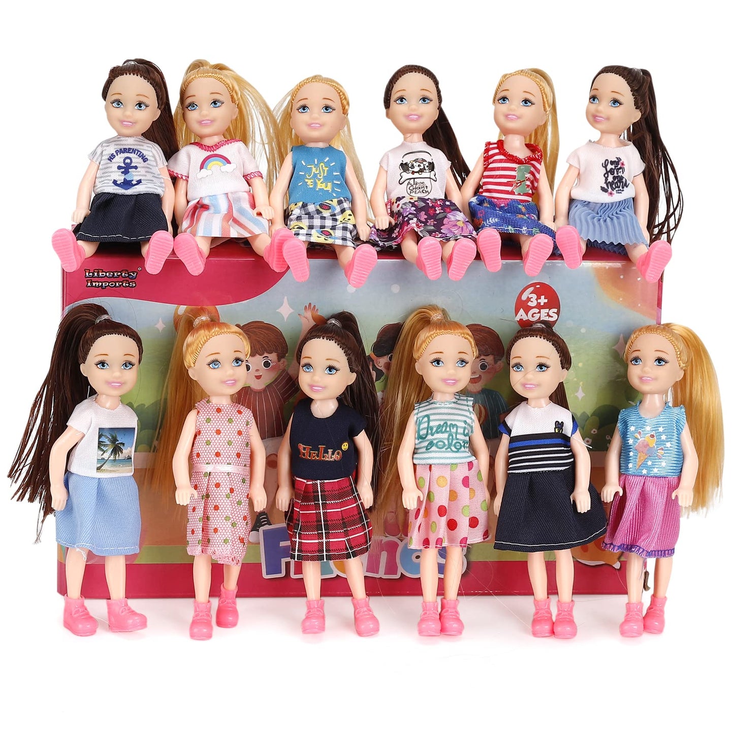 12 Pack Little Girls Party Favors Dolls - 5" Small Toddler Figures with Outfits, Dollhouse Size Pretend Play Set, Bulk Bundle Kids Toys Party Favors