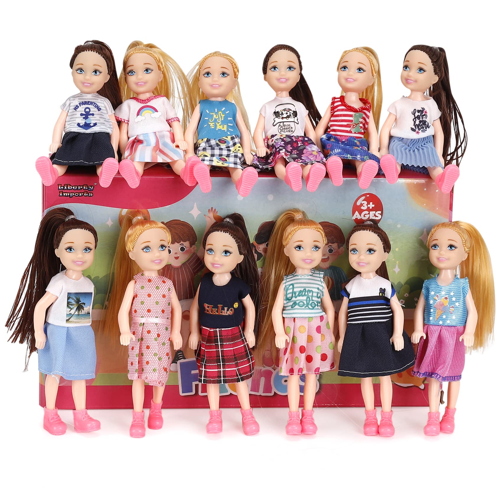 12 Pack Little Girls Party Favors Dolls - 5" Small Toddler Figures with Outfits, Dollhouse Size Pretend Play Set, Bulk Bundle Kids Toys Party Favors