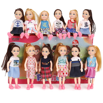 12 Pack Little Girls Party Favors Dolls - 5" Small Toddler Figures with Outfits, Dollhouse Size Pretend Play Set, Bulk Bundle Kids Toys Party Favors