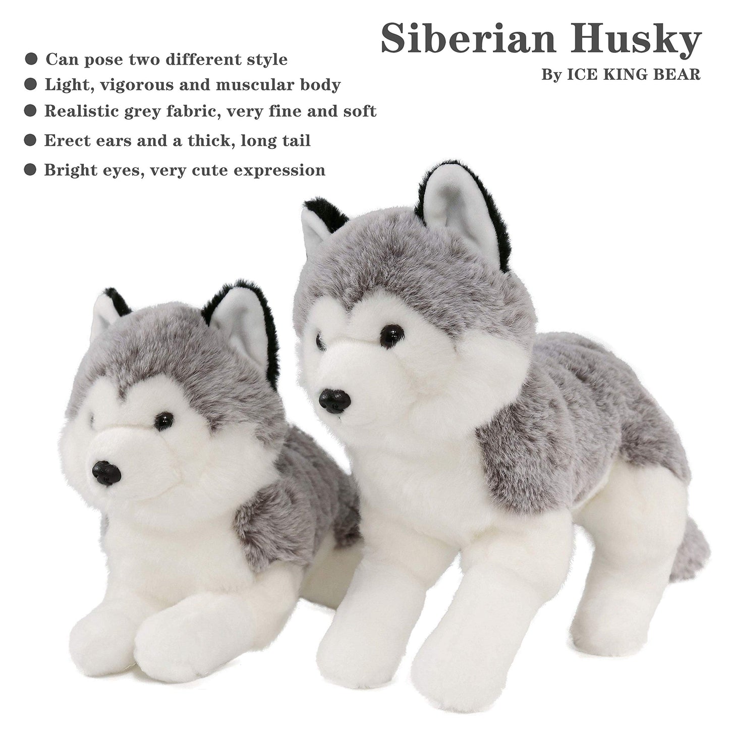 Ice King Bear Lifelike Siberian Husky Stuffed Animal - Plush Toy - 13 Inches Length (Lying)