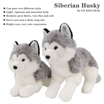 Ice King Bear Lifelike Siberian Husky Stuffed Animal - Plush Toy - 13 Inches Length (Lying)